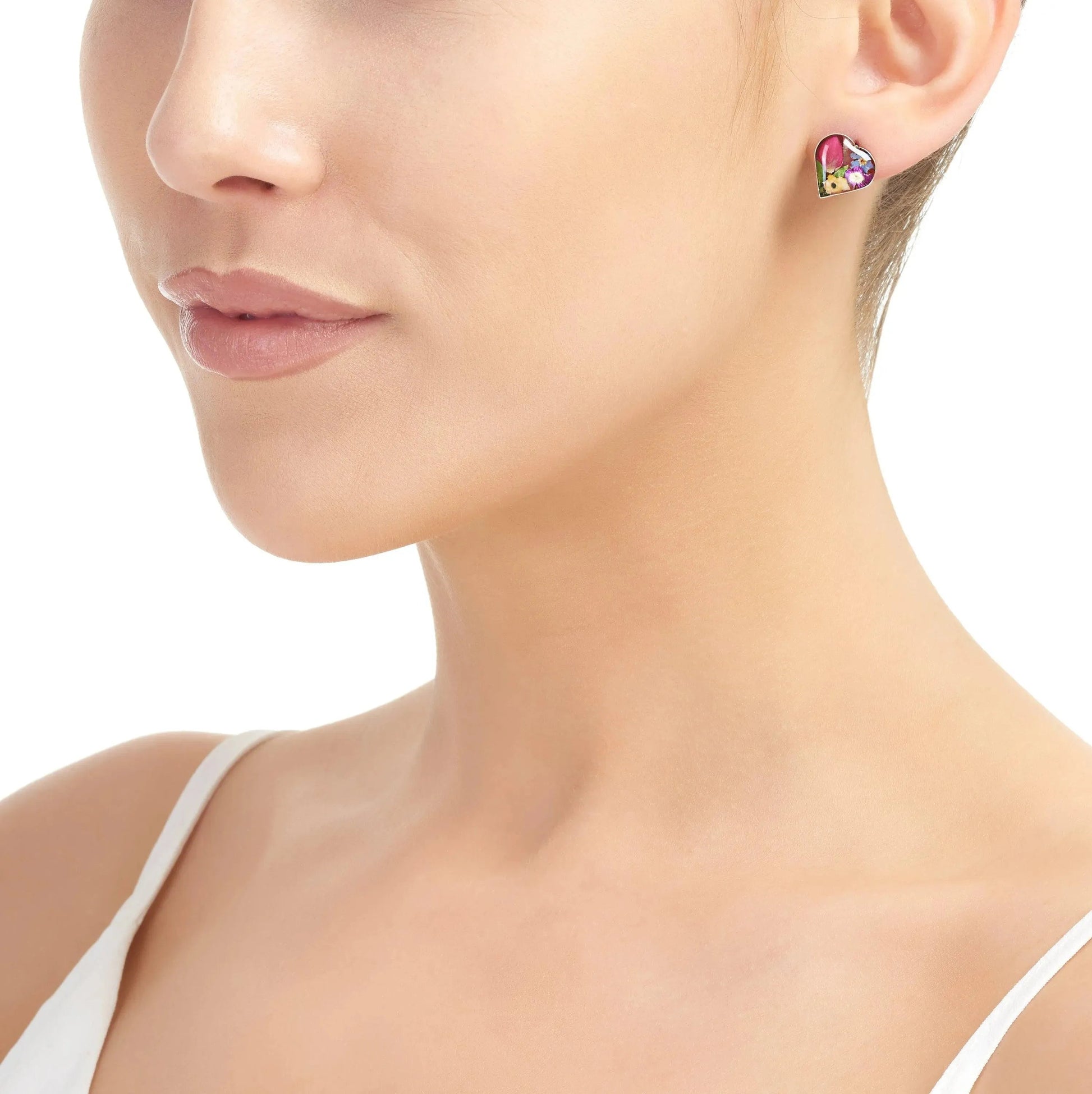 Sterling Silver Heart Stud Earrings with Real Flowers