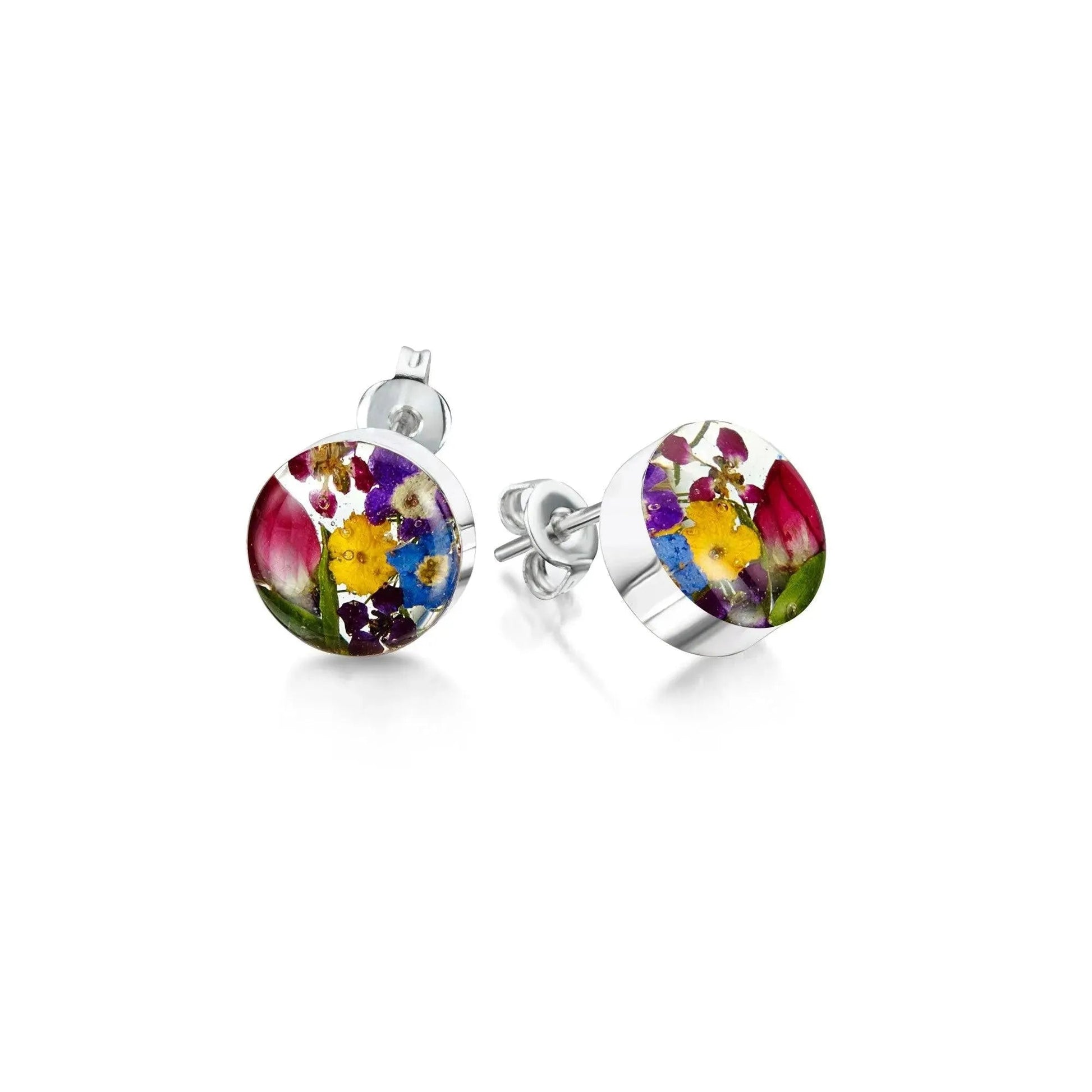 Sterling Silver Round Stud Earrings with Real Flowers