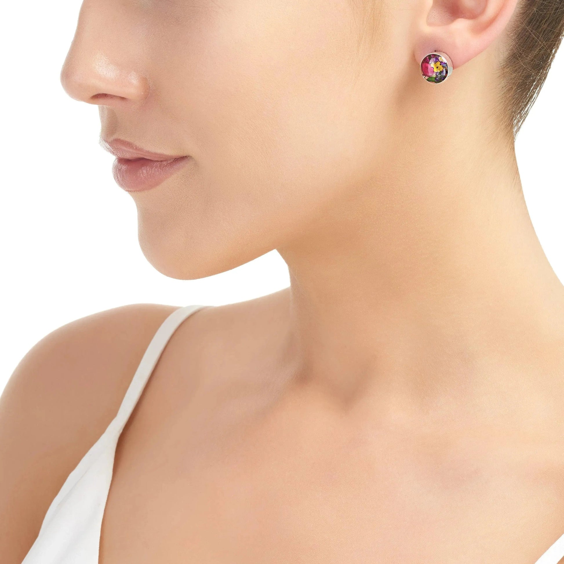 Sterling Silver Round Stud Earrings with Real Flowers