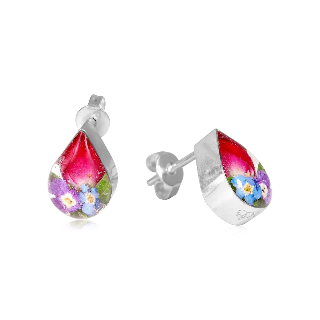 Sterling Silver Teardrop Stud Earrings with Real Flowers