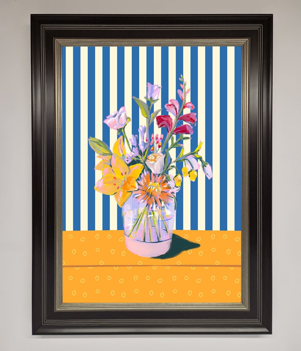 Blue Striped Flower Vase Wall Art Print