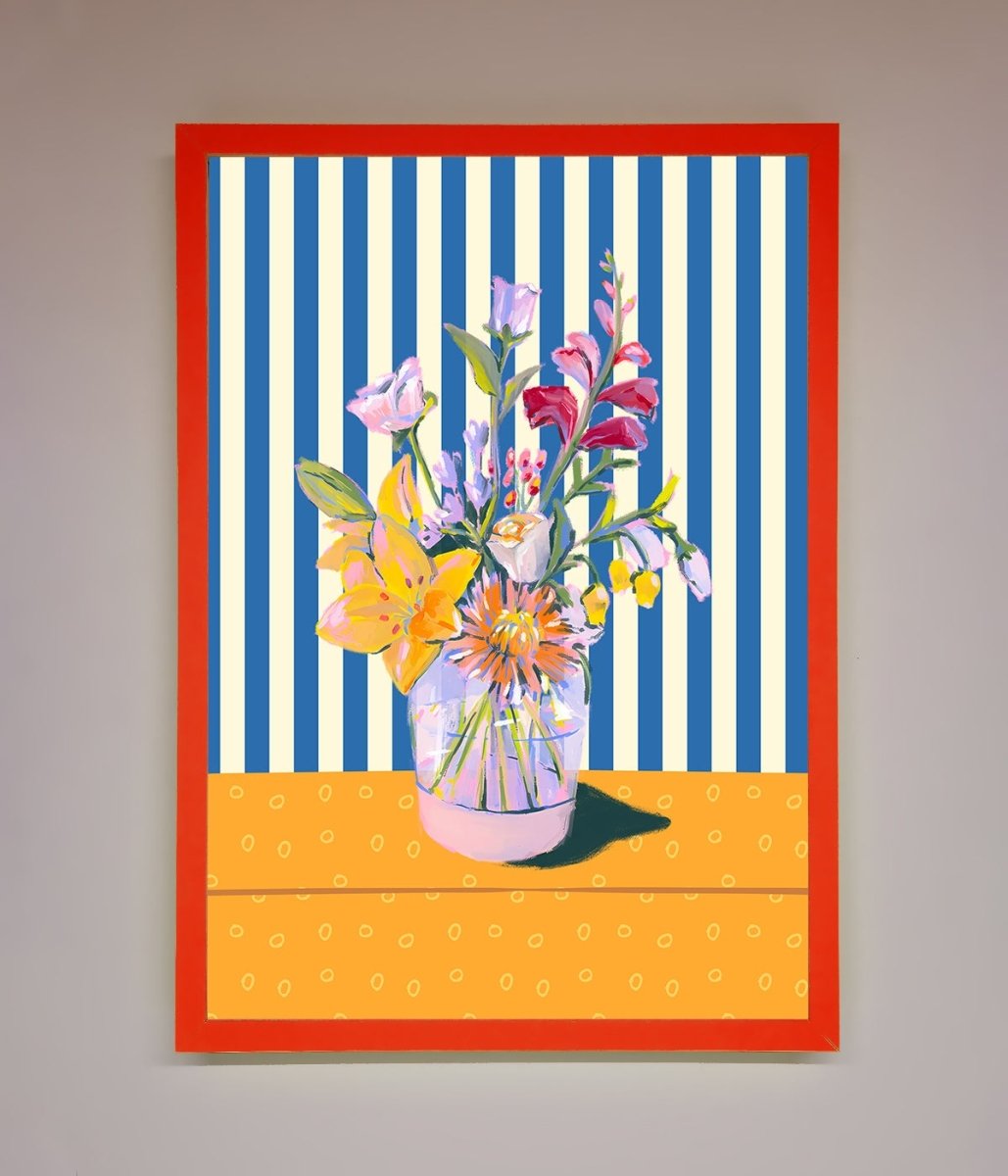 Blue Striped Flower Vase Wall Art Print