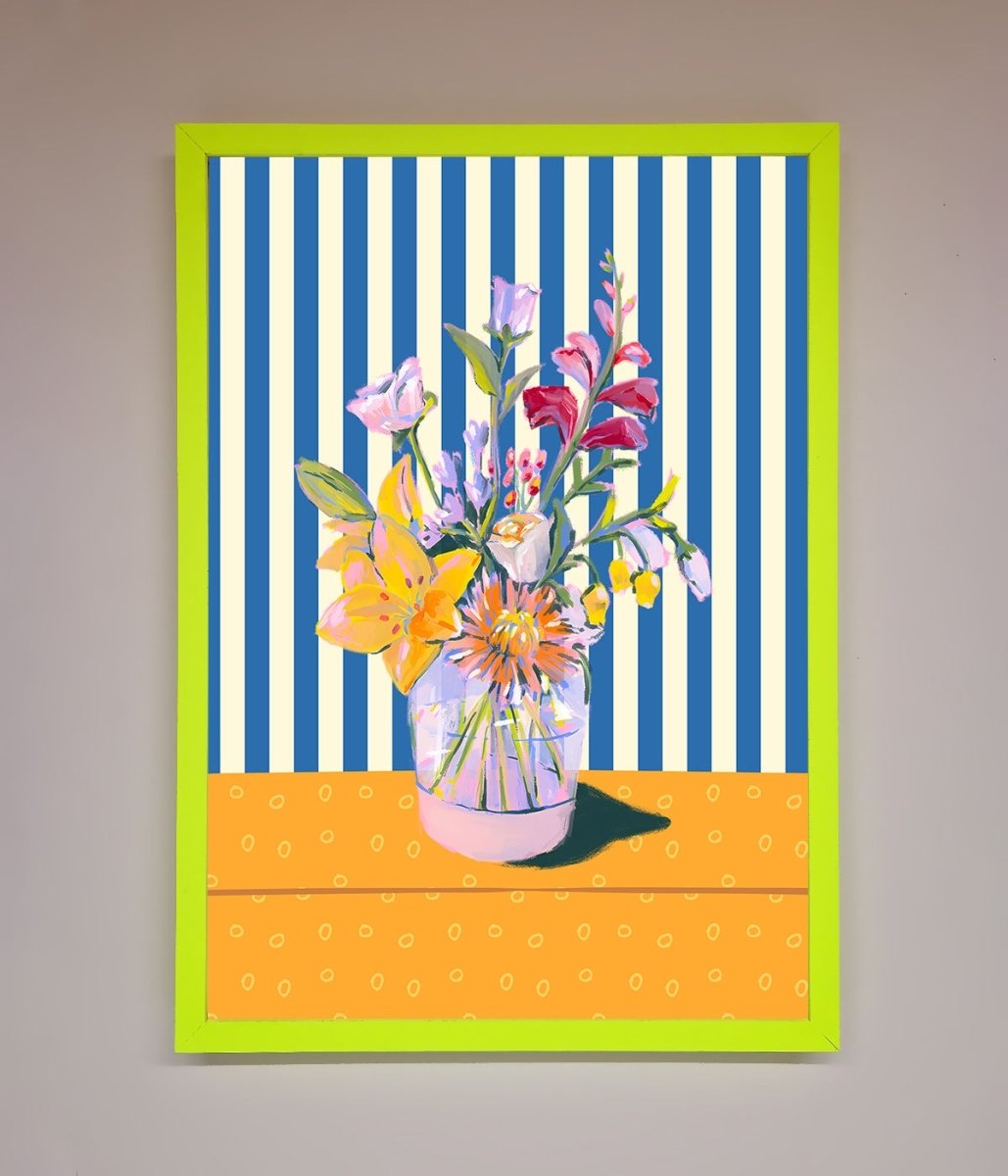 Blue Striped Flower Vase Wall Art Print