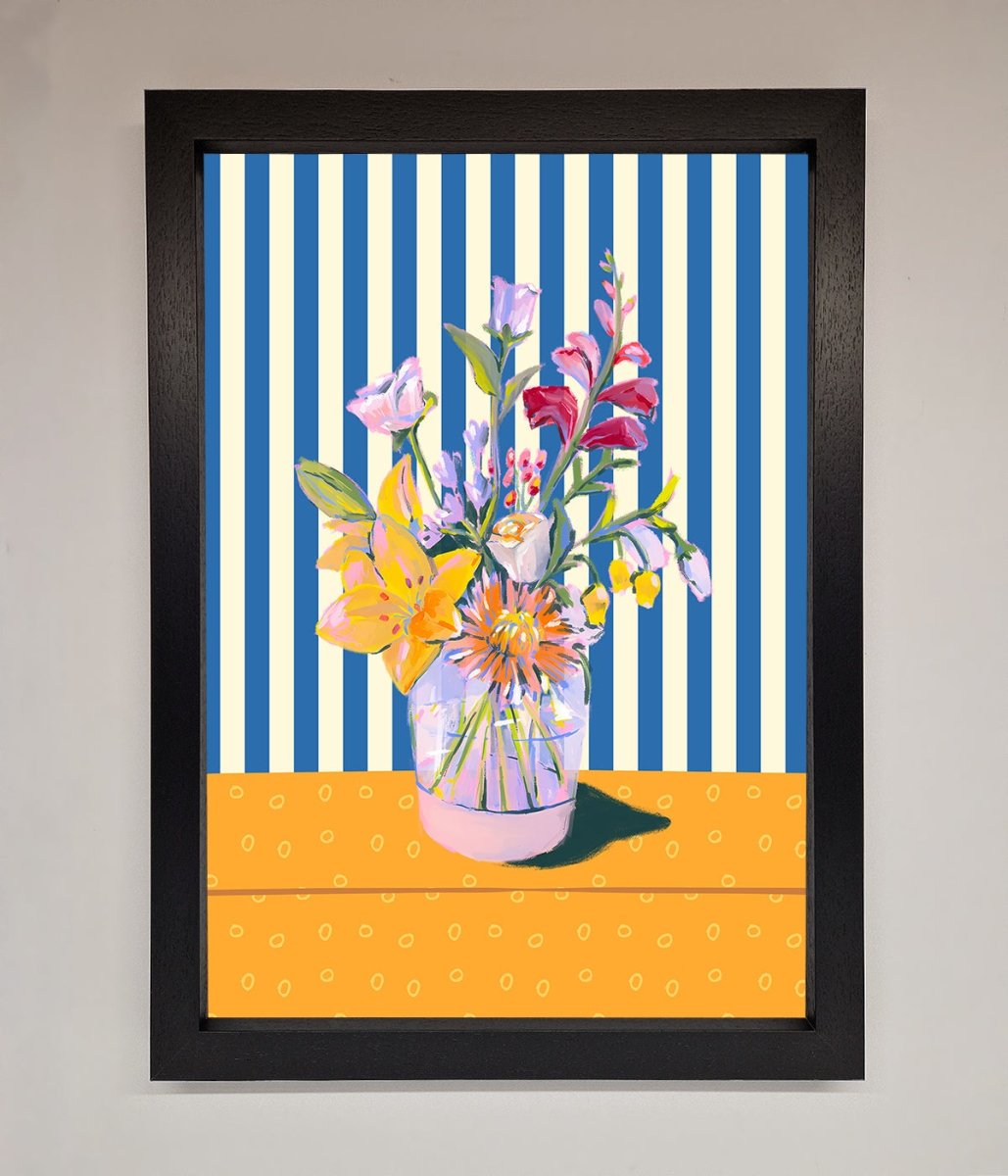 Blue Striped Flower Vase Wall Art Print