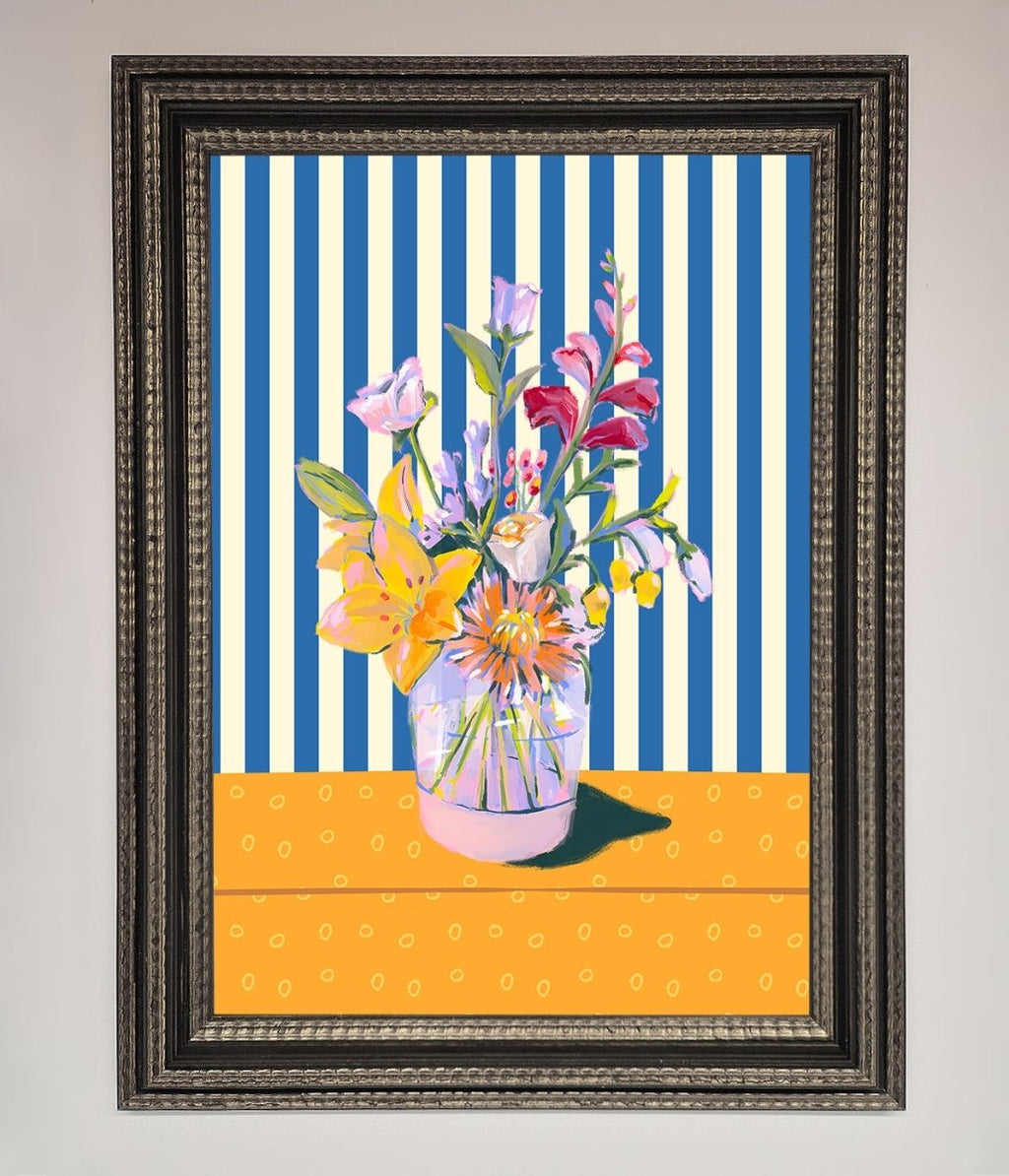 Blue Striped Flower Vase Wall Art Print