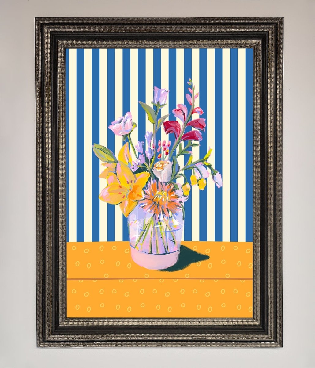 Blue Striped Flower Vase Wall Art Print