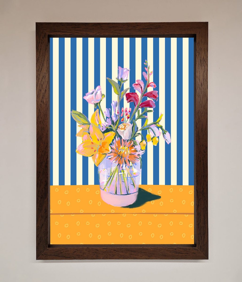 Blue Striped Flower Vase Wall Art Print