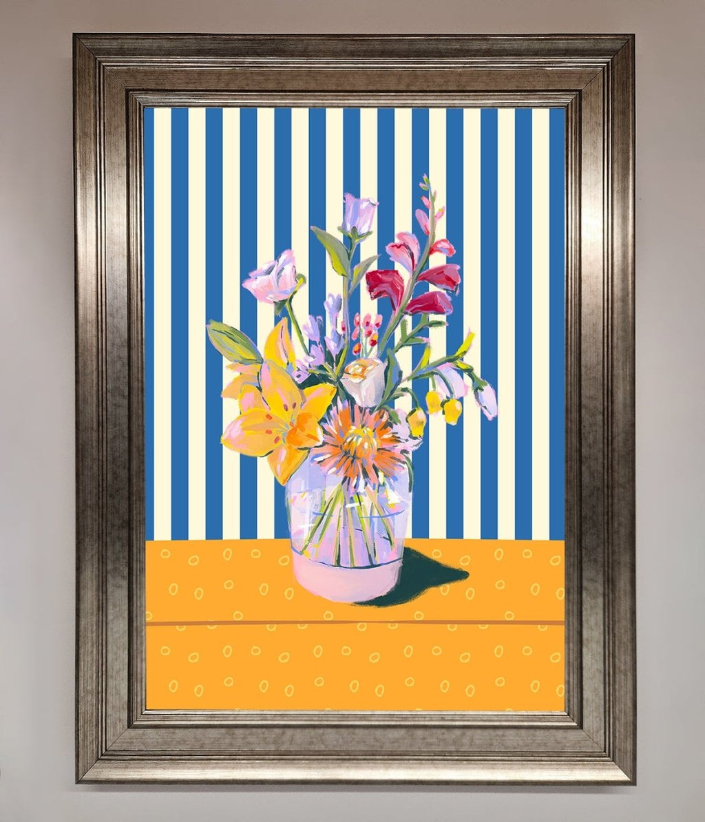 Blue Striped Flower Vase Wall Art Print