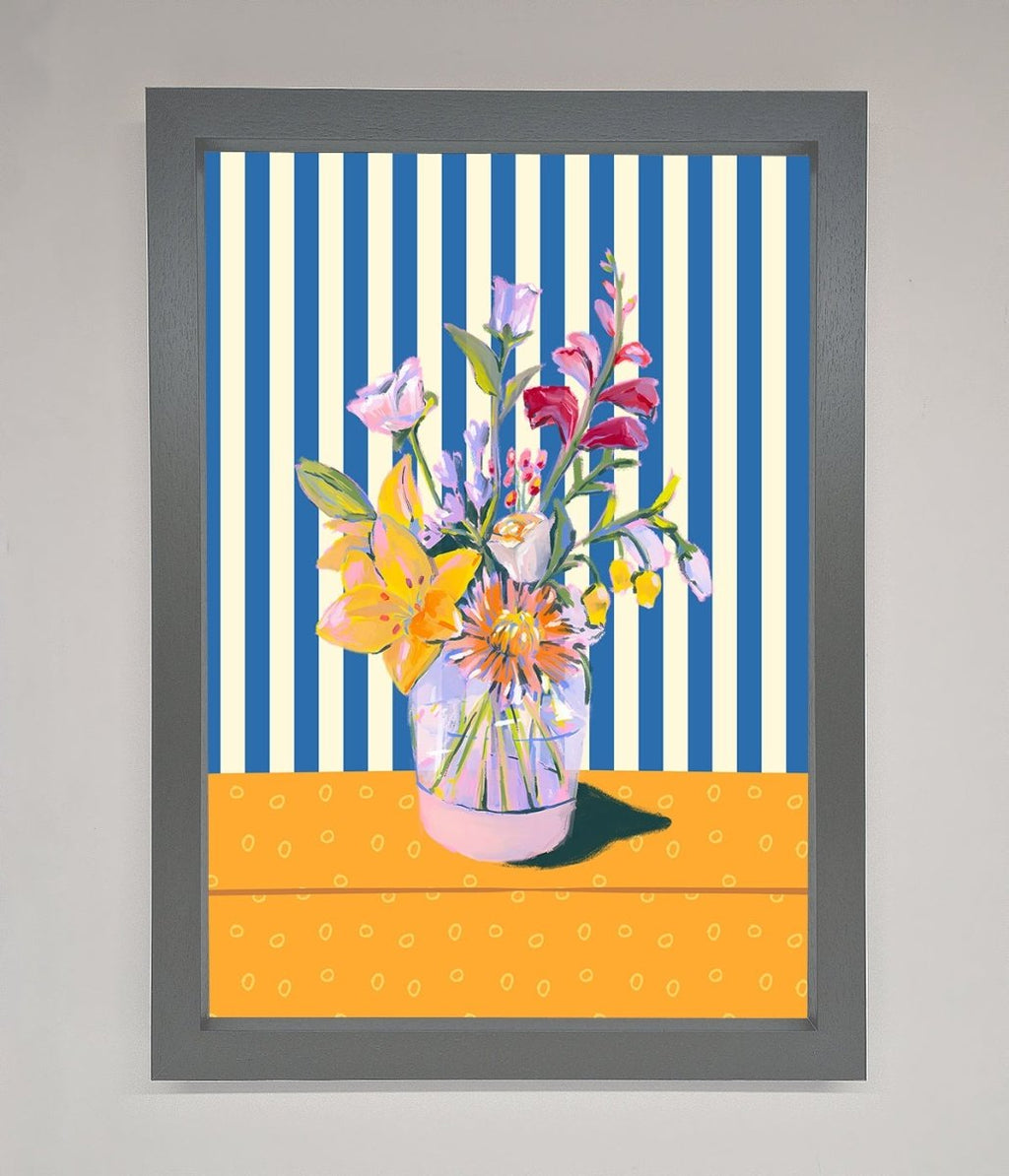 Blue Striped Flower Vase Wall Art Print