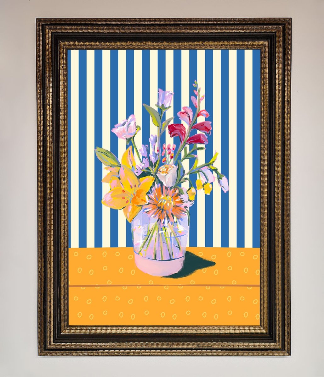 Blue Striped Flower Vase Wall Art Print