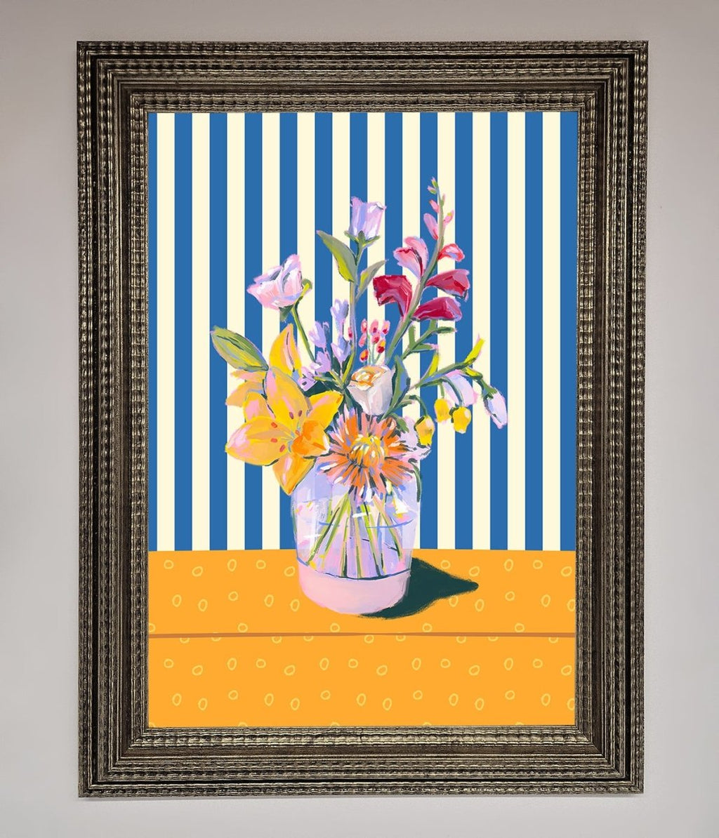 Blue Striped Flower Vase Wall Art Print