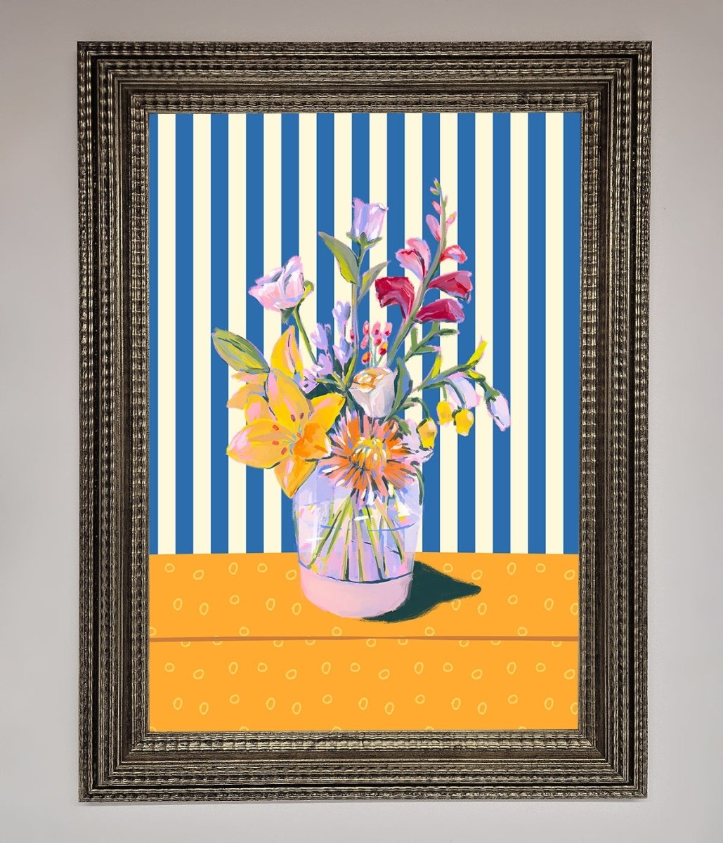 Blue Striped Flower Vase Wall Art Print