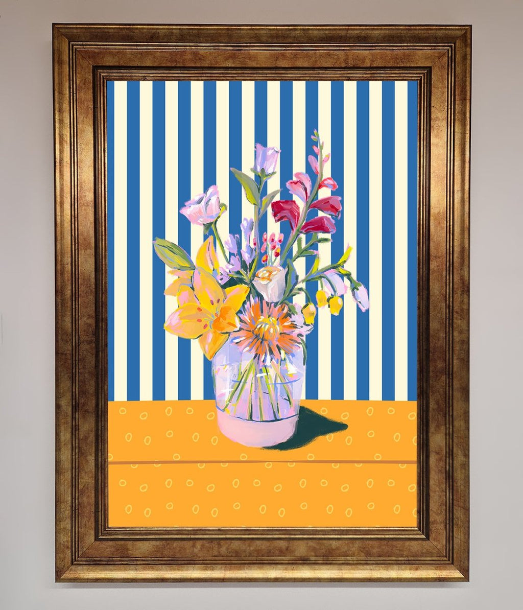 Blue Striped Flower Vase Wall Art Print