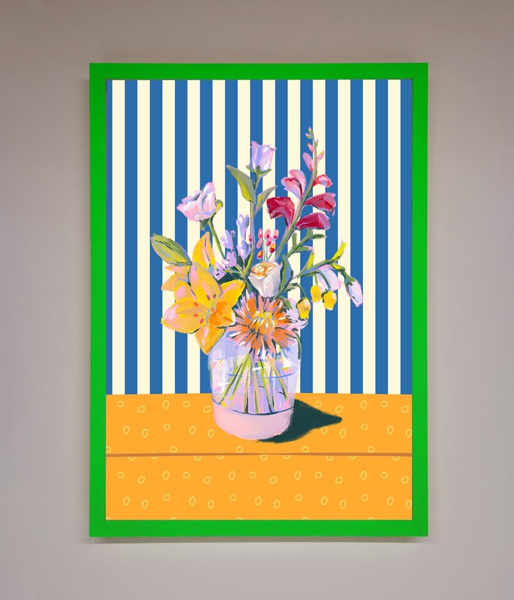 Blue Striped Flower Vase Wall Art Print
