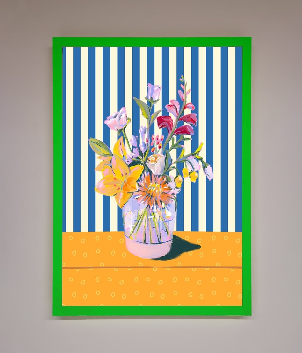Blue Striped Flower Vase Wall Art Print