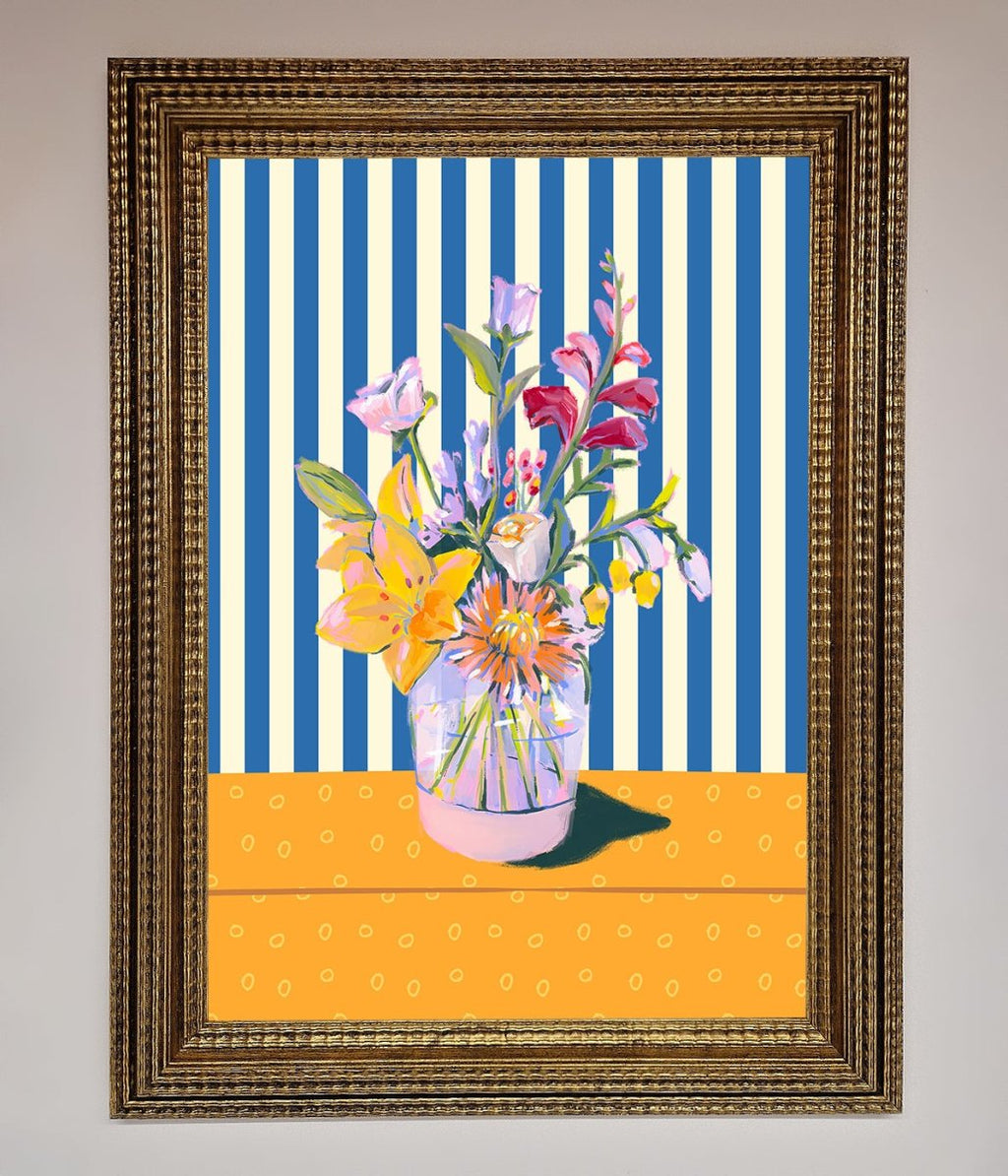 Blue Striped Flower Vase Wall Art Print