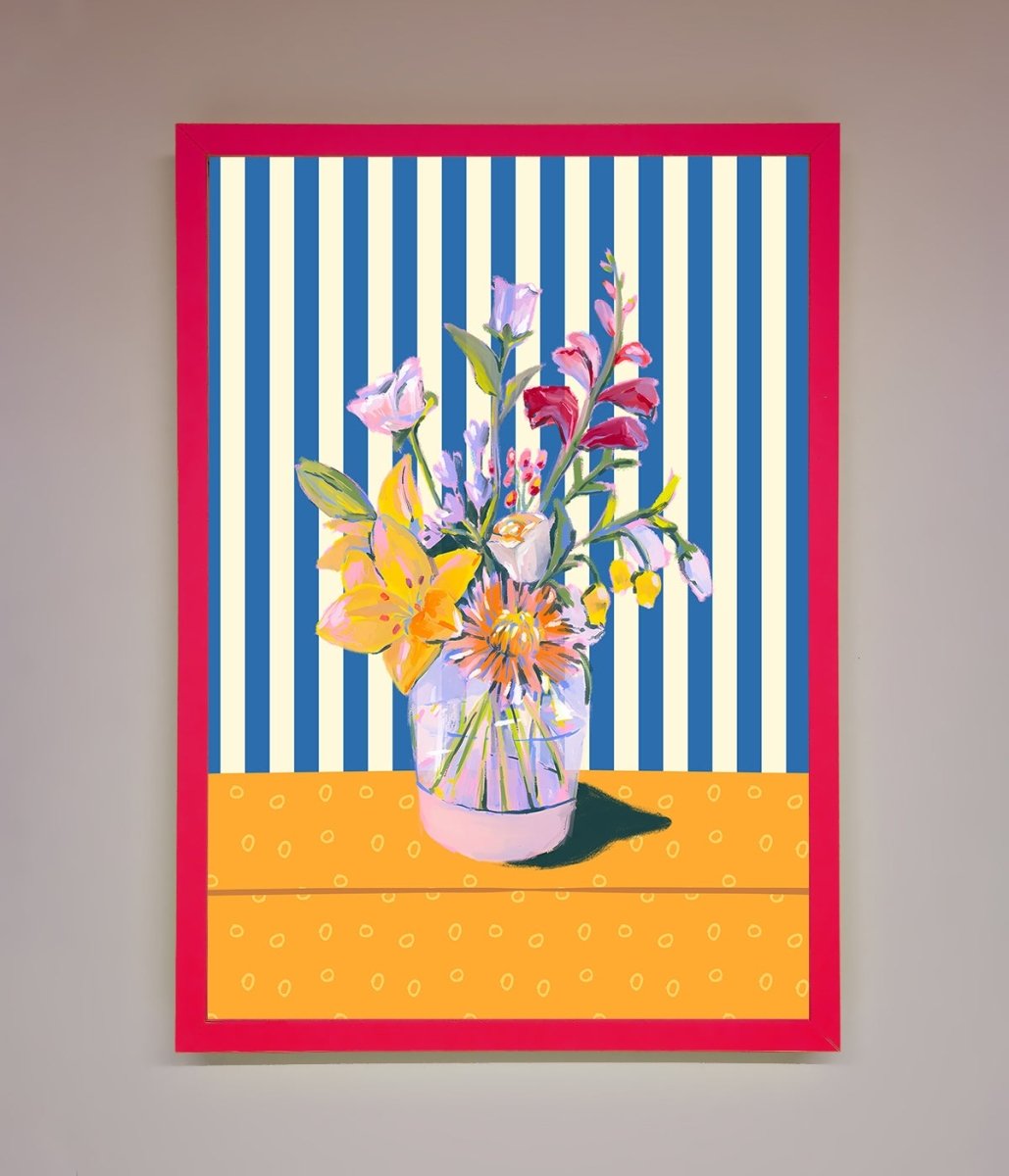 Blue Striped Flower Vase Wall Art Print