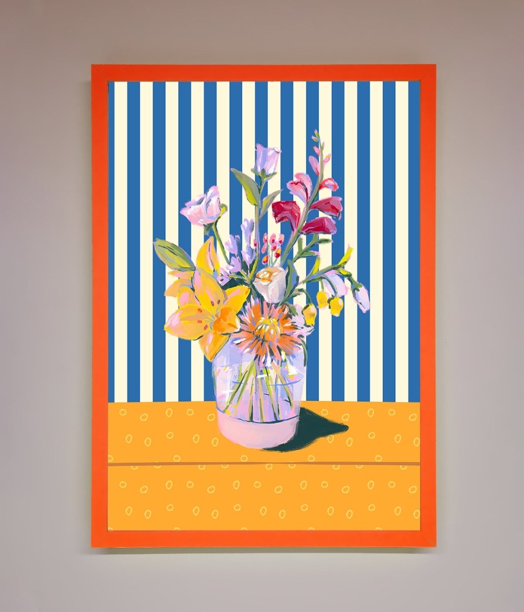Blue Striped Flower Vase Wall Art Print