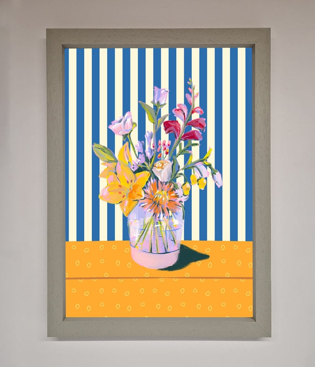 Blue Striped Flower Vase Wall Art Print