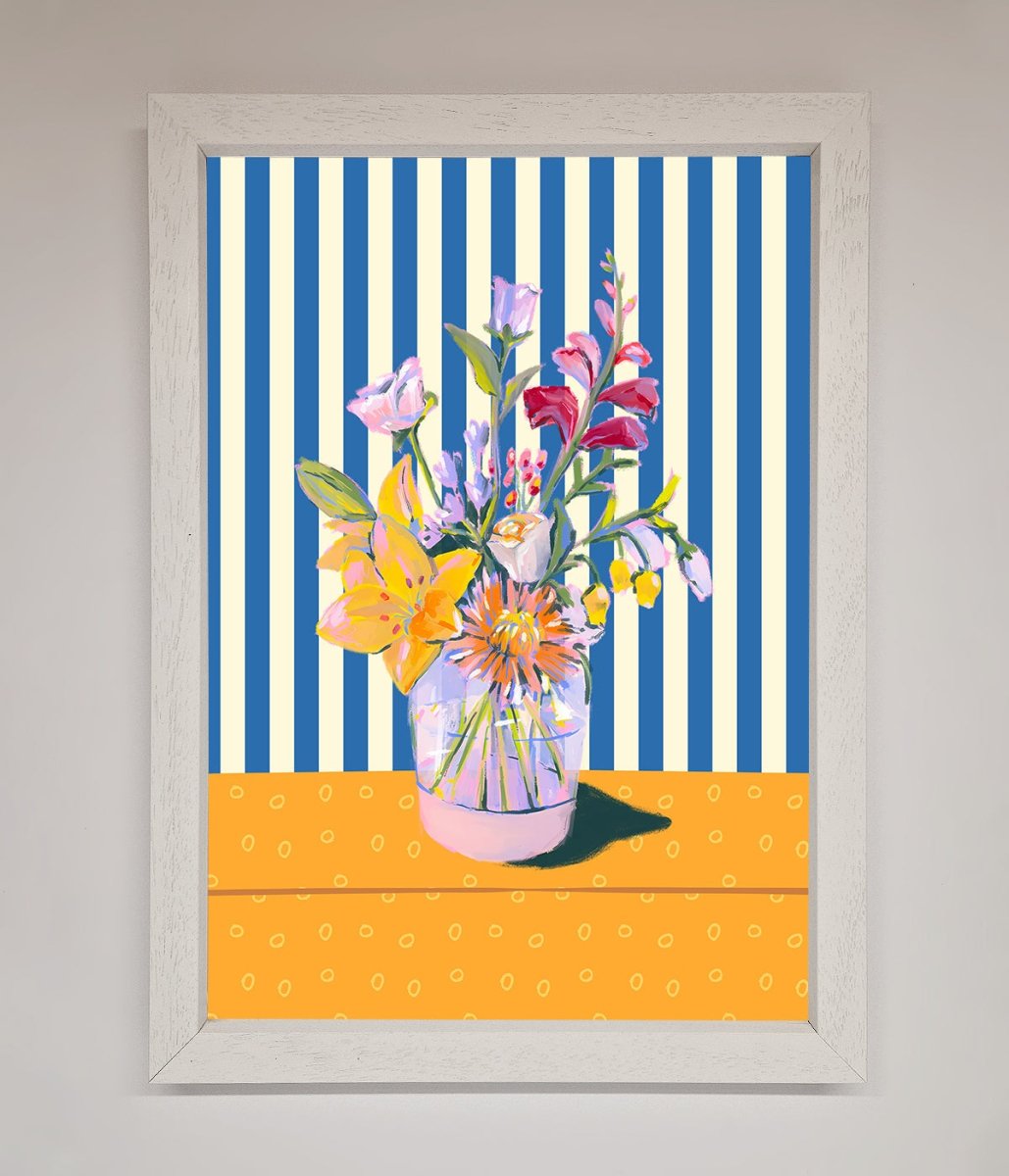 Blue Striped Flower Vase Wall Art Print