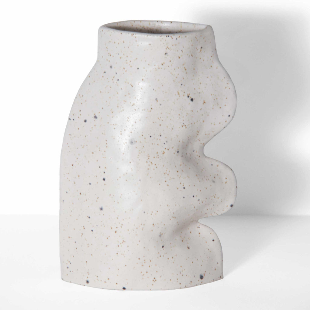 a soft white ceramic vase with gentle flowing curves, lit by morning light in a cozy home setting