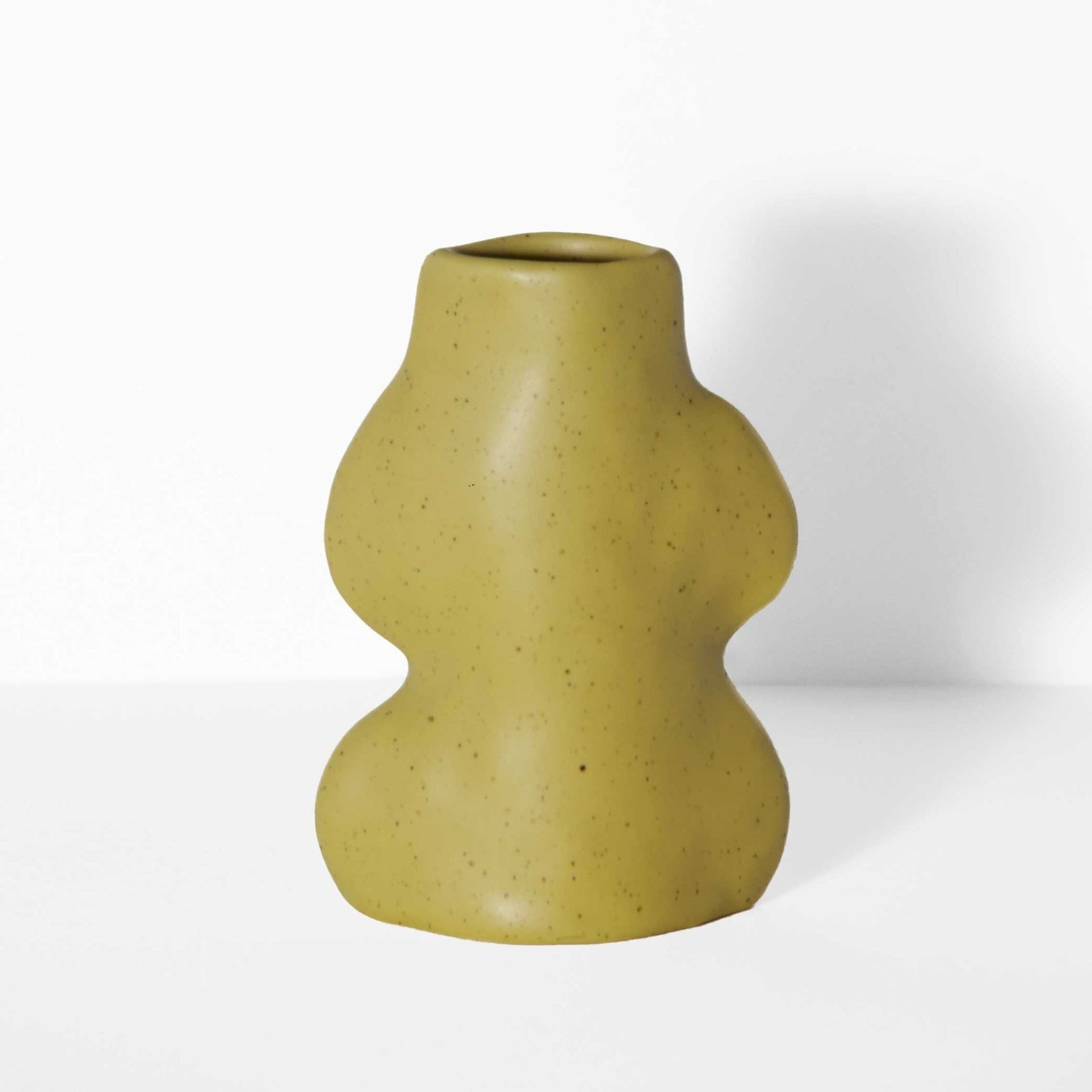 small pistachio ceramic vase on a tabletop holding a single dried flower stem