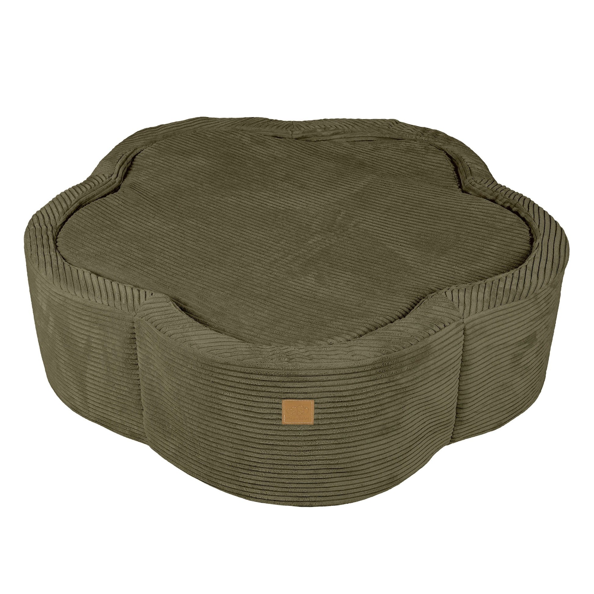 a soft khaki flower-shaped baby ball pit with a gentle, comforting glow in a nursery