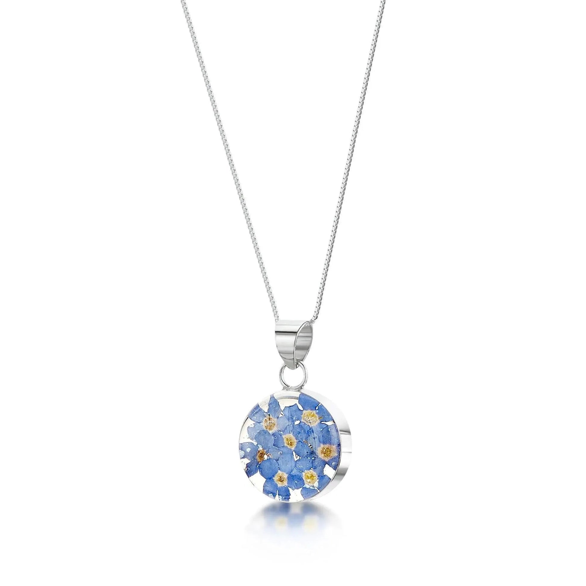 Sterling Silver Round Pendant Necklace with Real Forget-me-not Flowers