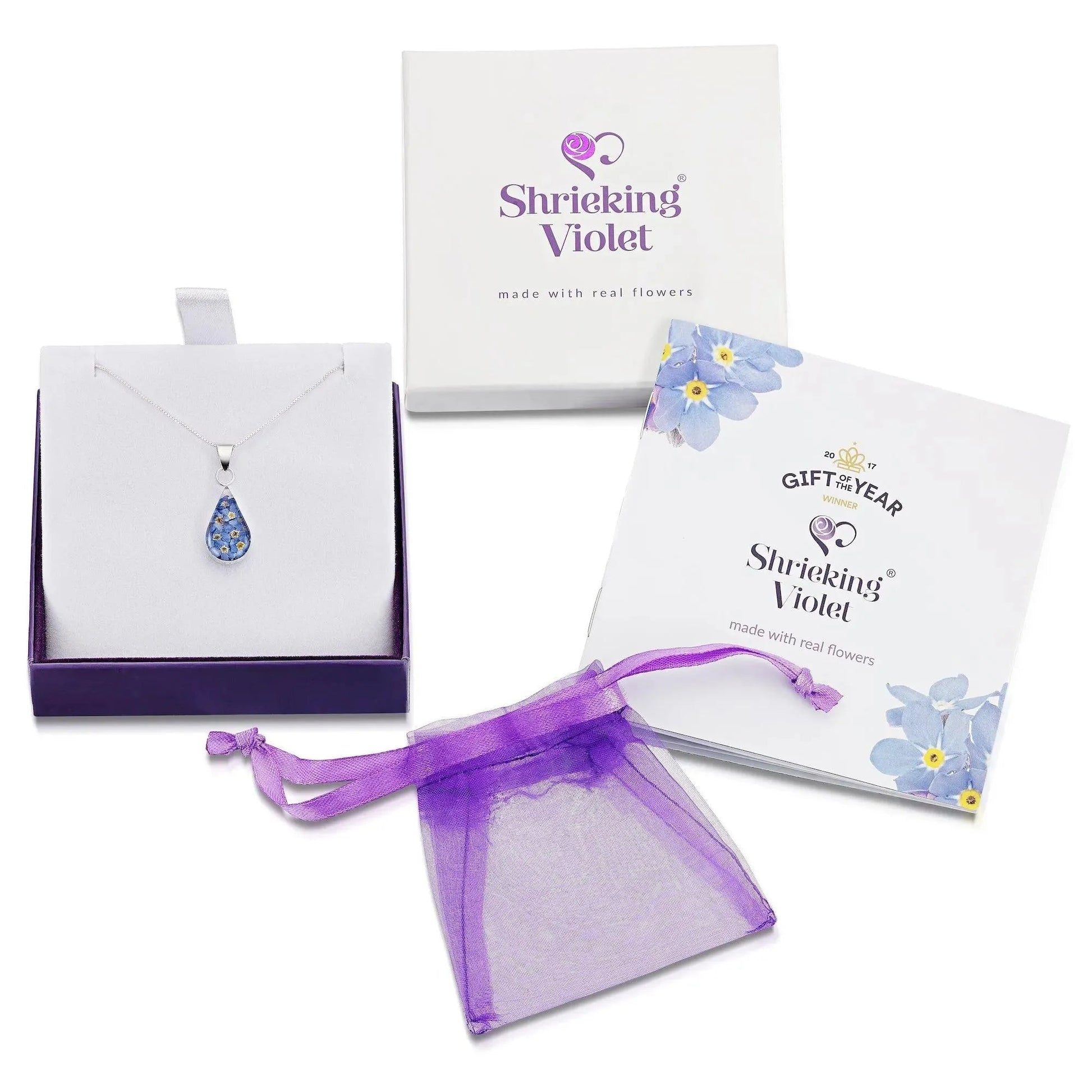 Forget Me Not Silver Teardrop Necklace with Real Flowers