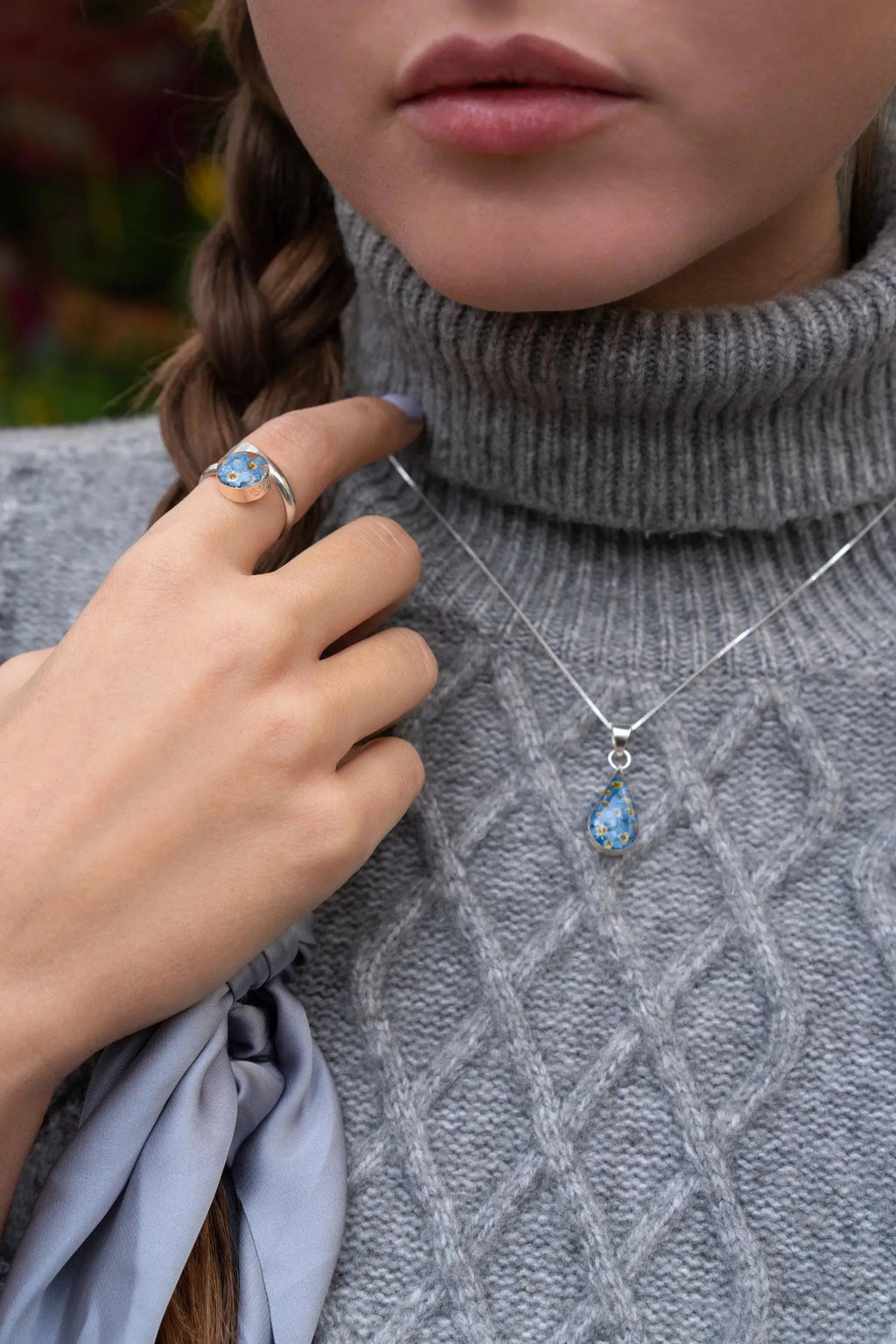 Forget Me Not Silver Teardrop Necklace with Real Flowers