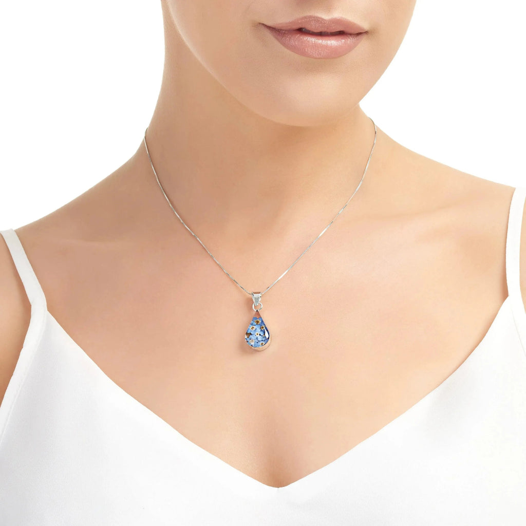 Forget Me Not Silver Teardrop Necklace with Real Flowers