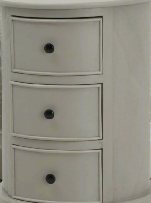 Modern round side table with three hidden drawers, grey solid wood, compact 45cm diameter, perfect for small spaces by Sostter at brixbailey.com