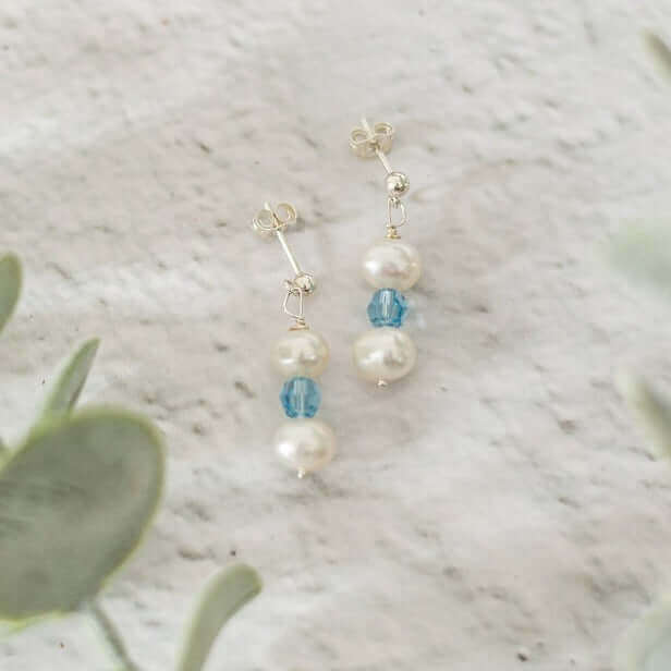 Freshwater Pearl and Aquamarine Earrings in Sterling Silver