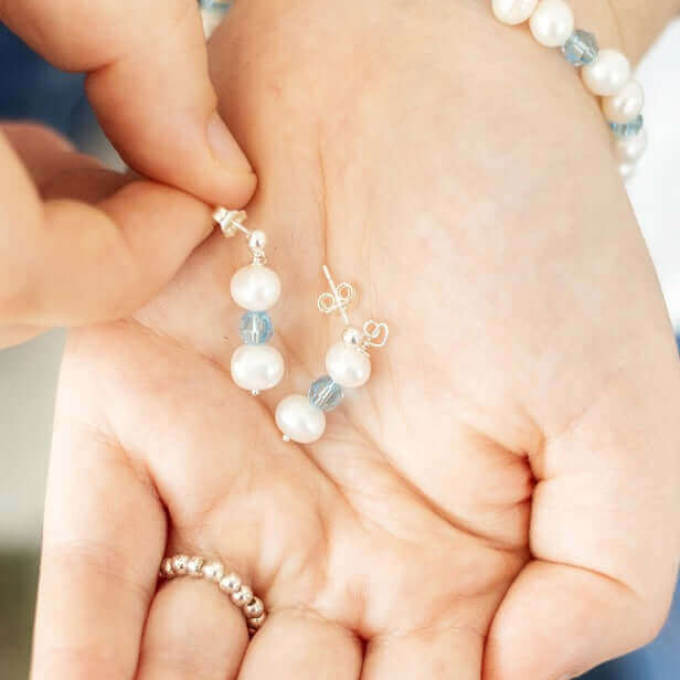 Freshwater Pearl and Aquamarine Earrings in Sterling Silver