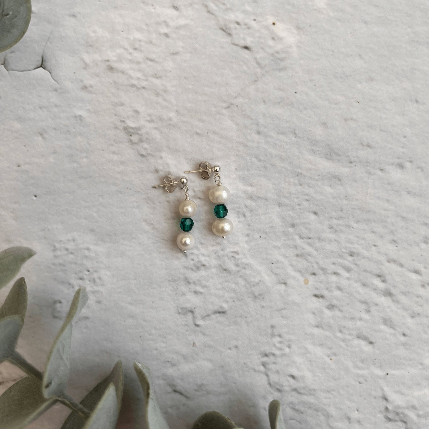 Freshwater Pearl and Emerald Drop Earrings in Sterling Silver