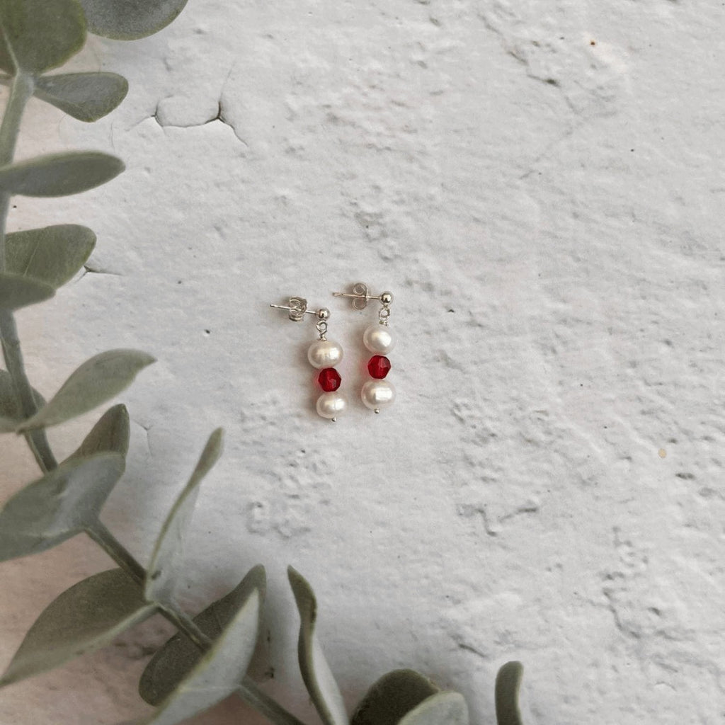 Freshwater Pearl and Scarlet Crystal Earrings in Sterling Silver