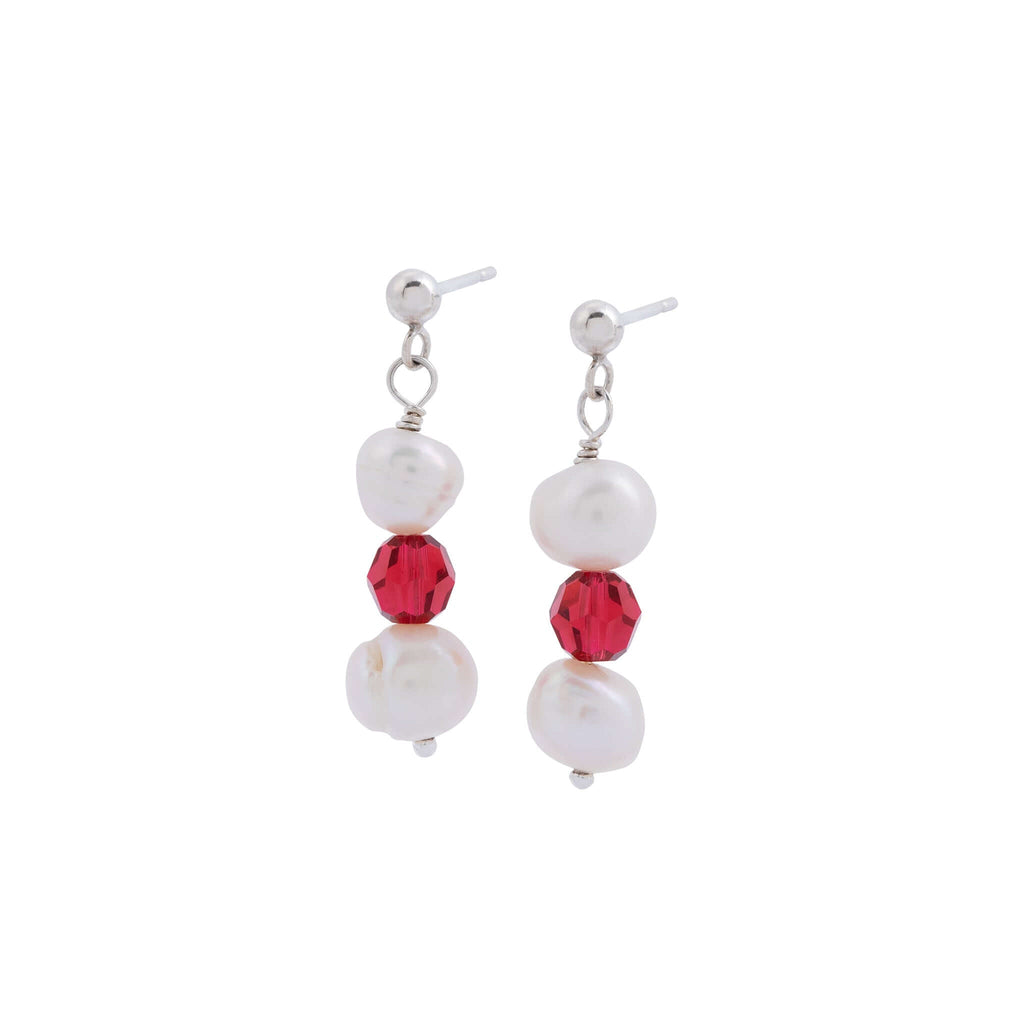 Freshwater Pearl and Scarlet Crystal Earrings in Sterling Silver