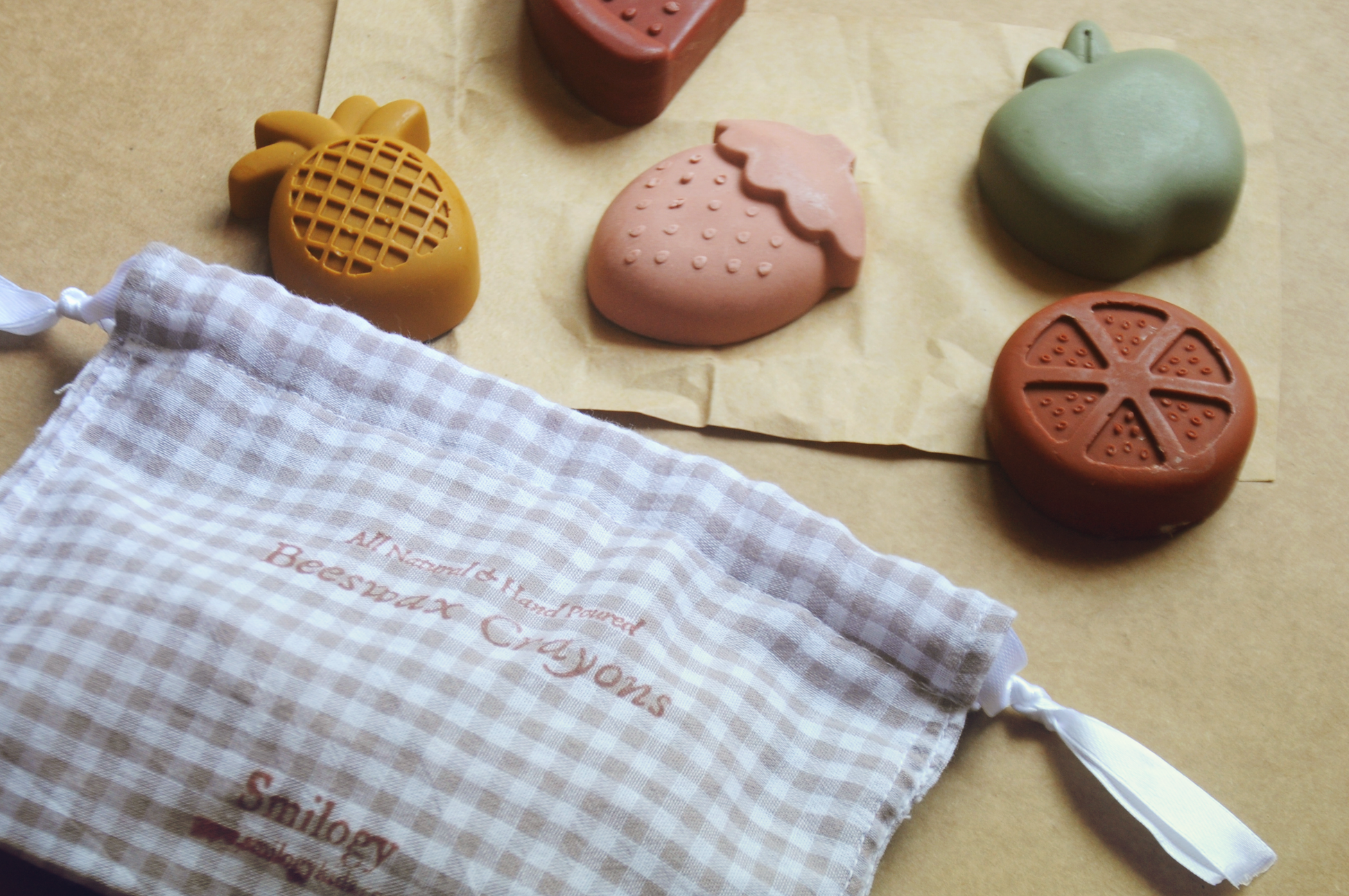 Natural Beeswax Fruit Crayons in Linen Mini Sack