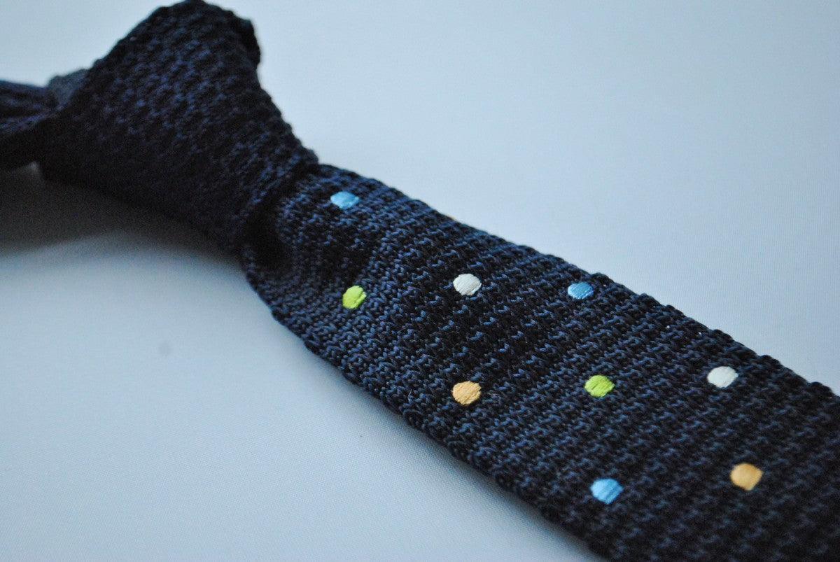 Navy Blue Knitted Tie with Multicoloured Polka Dots