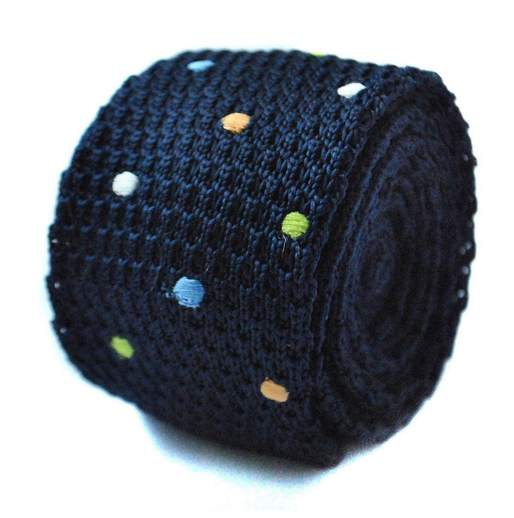 Navy Blue Knitted Tie with Multicoloured Polka Dots