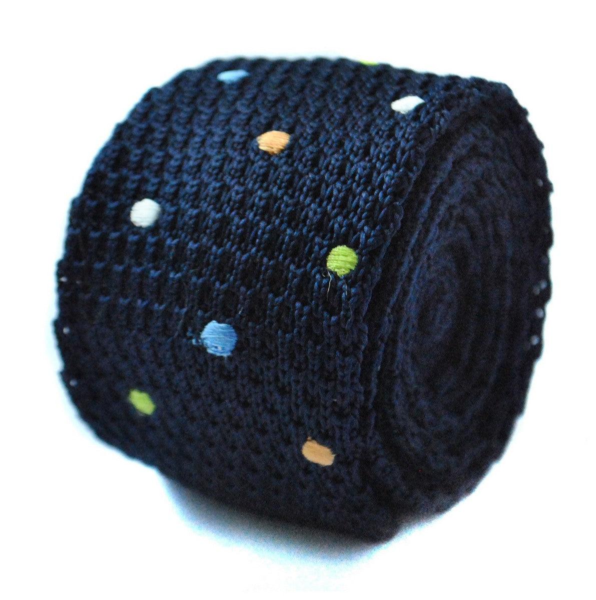 Navy Blue Knitted Tie with Multicoloured Polka Dots
