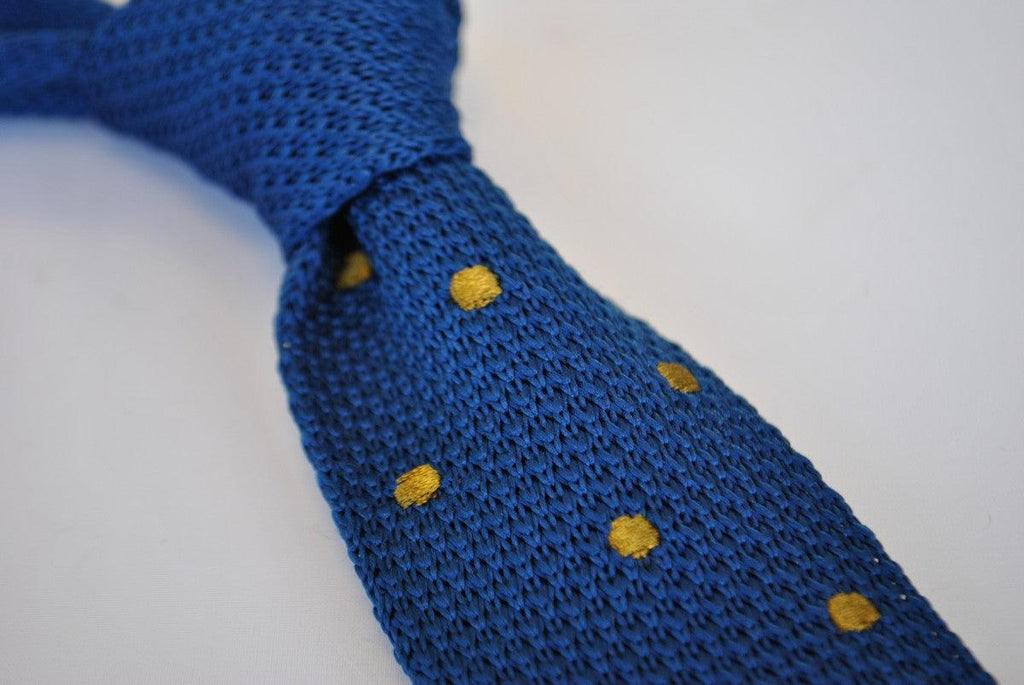 Navy Blue Skinny Knitted Tie with Brown Polka Dots