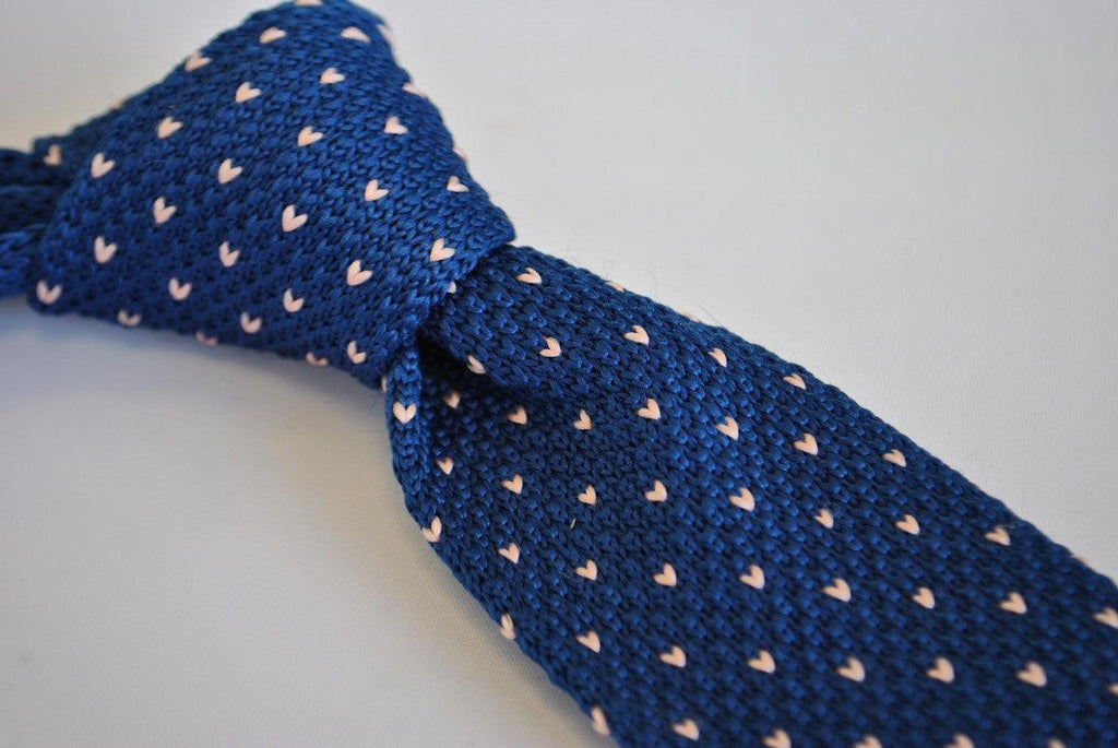 Navy Blue Skinny Knitted Tie with Pink Polka Dots