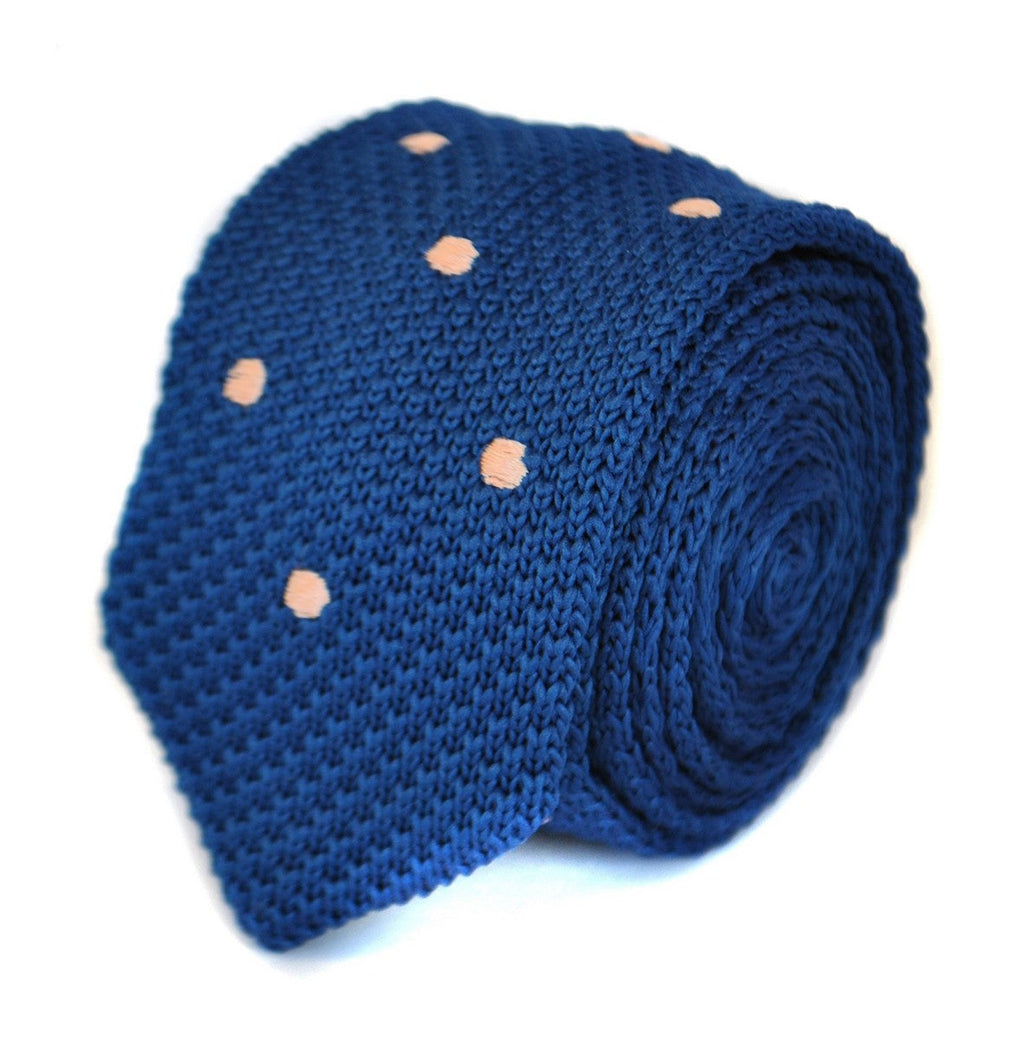 Navy Blue Skinny Knitted Tie with Pink Polka Dots