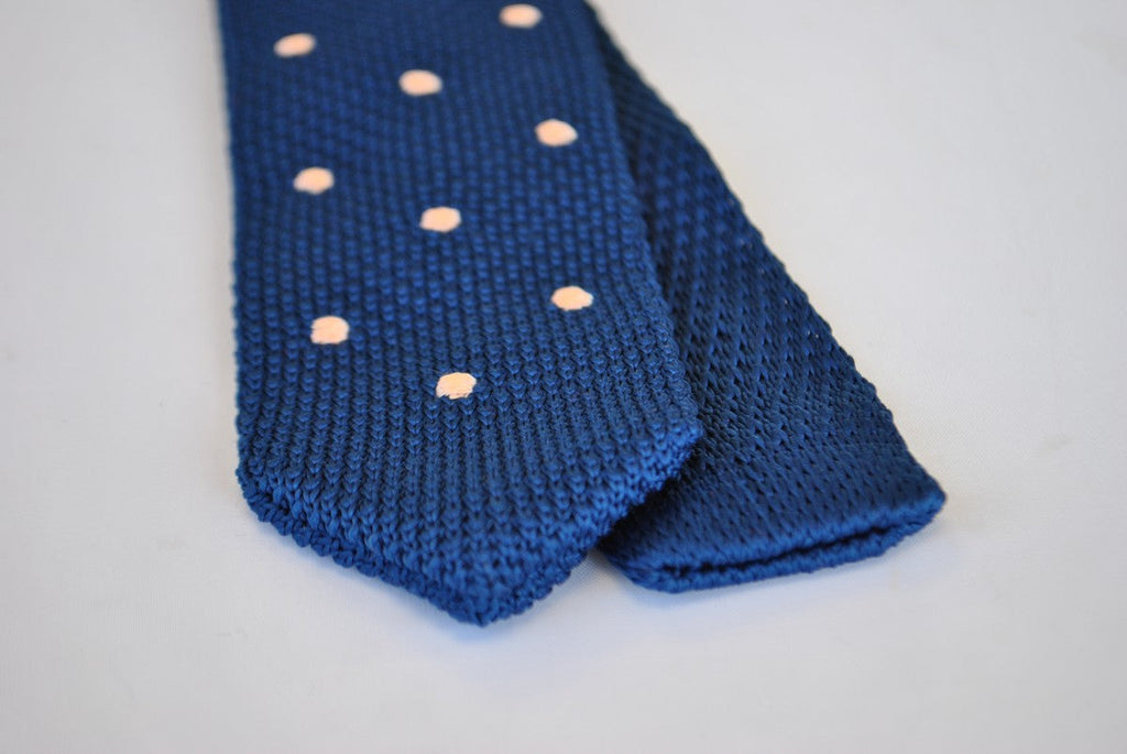 Navy Blue Skinny Knitted Tie with Pink Polka Dots