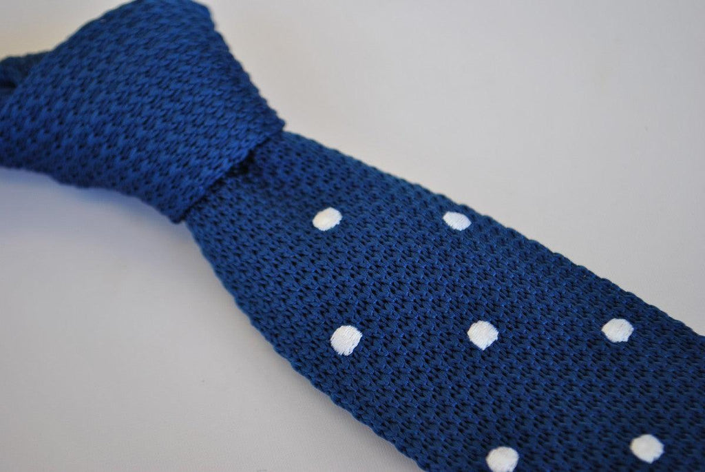Navy Blue Skinny Knitted Tie with White Polka Dots