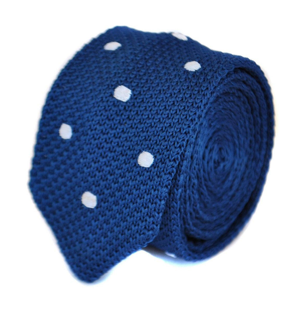 Navy Blue Skinny Knitted Tie with White Polka Dots