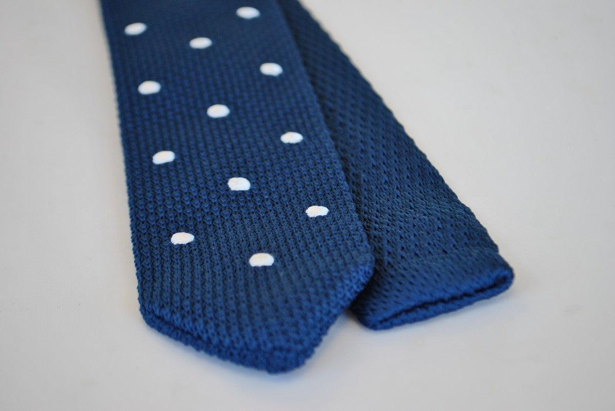 Navy Blue Skinny Knitted Tie with White Polka Dots