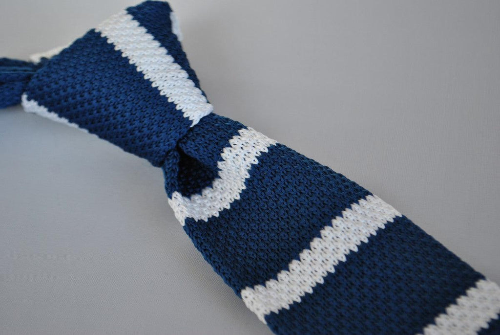 Navy Blue and White Striped Skinny Knitted Tie