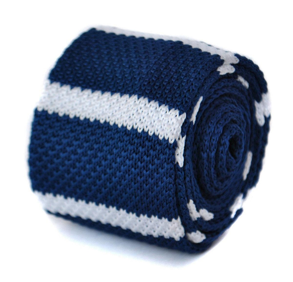 Navy Blue and White Striped Skinny Knitted Tie